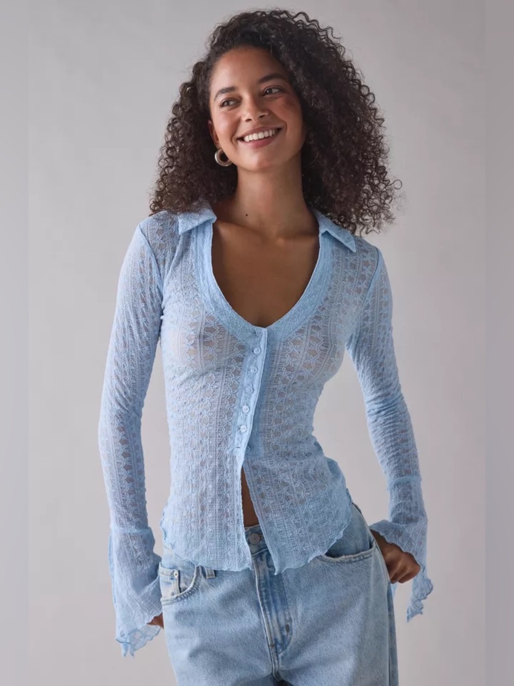 UO Kimchi Blue Abigail Sheer Lace Button Front Flyaway Top